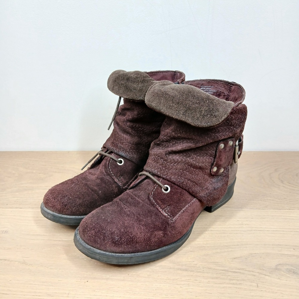 Miz Mooz Slouchy Ankle Boots Women 8.5 Burgundy Suede Studded Low Heel Zipper